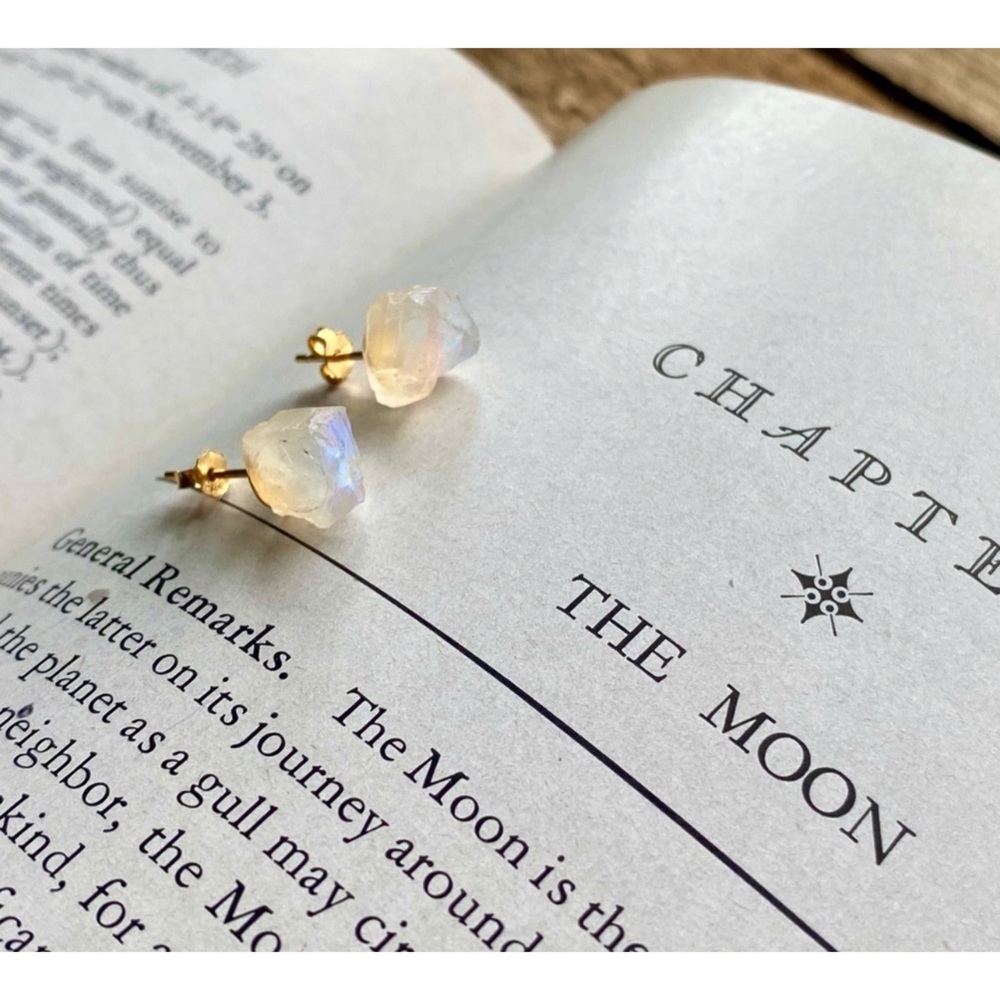 1 LEFT! Raw Moonstone Gemstone Crystal Stud Earrings - Picture 2 of 9